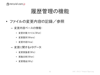 履歴管理の機能
• ファイルの変更内容の記録／参照
 – 変更内容ベースの情報：
   • 変更対象ファイル(What)

   • 変更箇所(Where)

   • 変更内容(How)

 – 変更に関するメタデータ:
   • 変更実施者(Who)

   • 実施日時(When)

   • 変更理由(Why)



                      6   OSC 2013 Tokyo/Spring
 