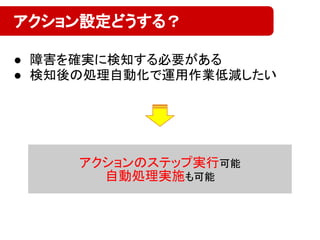 ● 障害を確実に検知する必要がある
● 検知後の処理自動化で運用作業低減したい
アクション設定どうする？
アクションのステップ実行可能
自動処理実施も可能
 