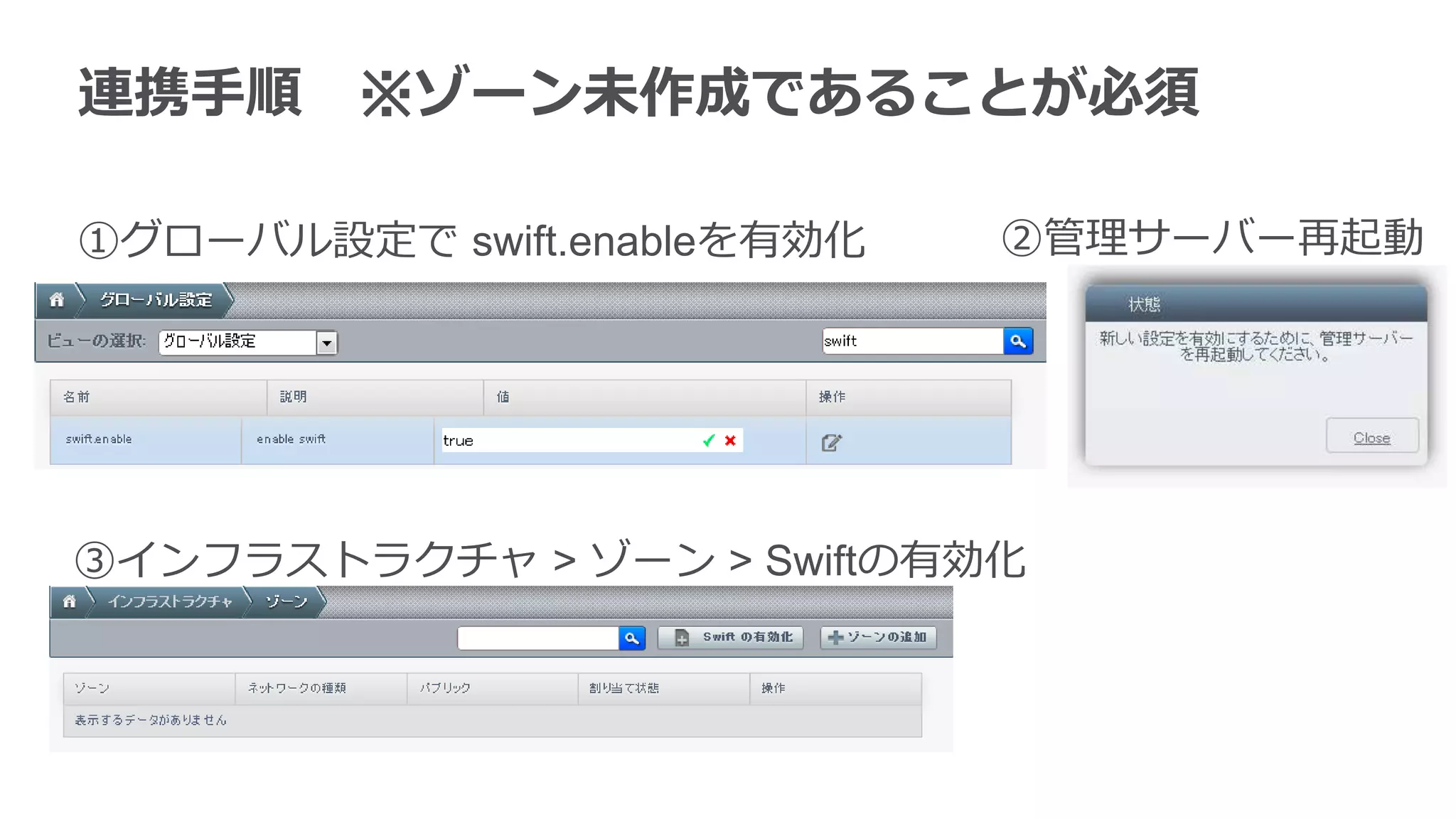 連携手順     ※ゾーン未作成であることが必須

①グローバル設定で swift.enableを有効化   ②管理サーバー再起動




③インフラストラクチャ > ゾーン > Swiftの有効化
 
