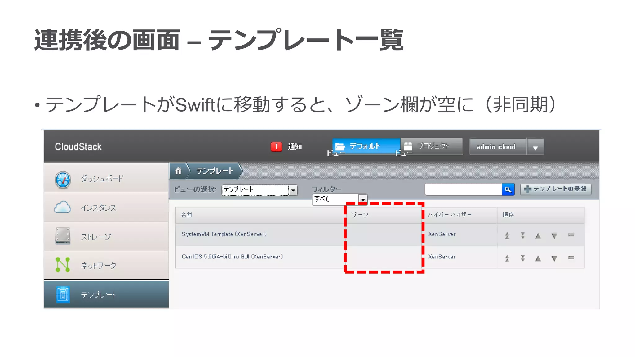 連携後の画面 – テンプレート一覧

• テンプレートがSwiftに移動すると、ゾーン欄が空に（非同期）
 