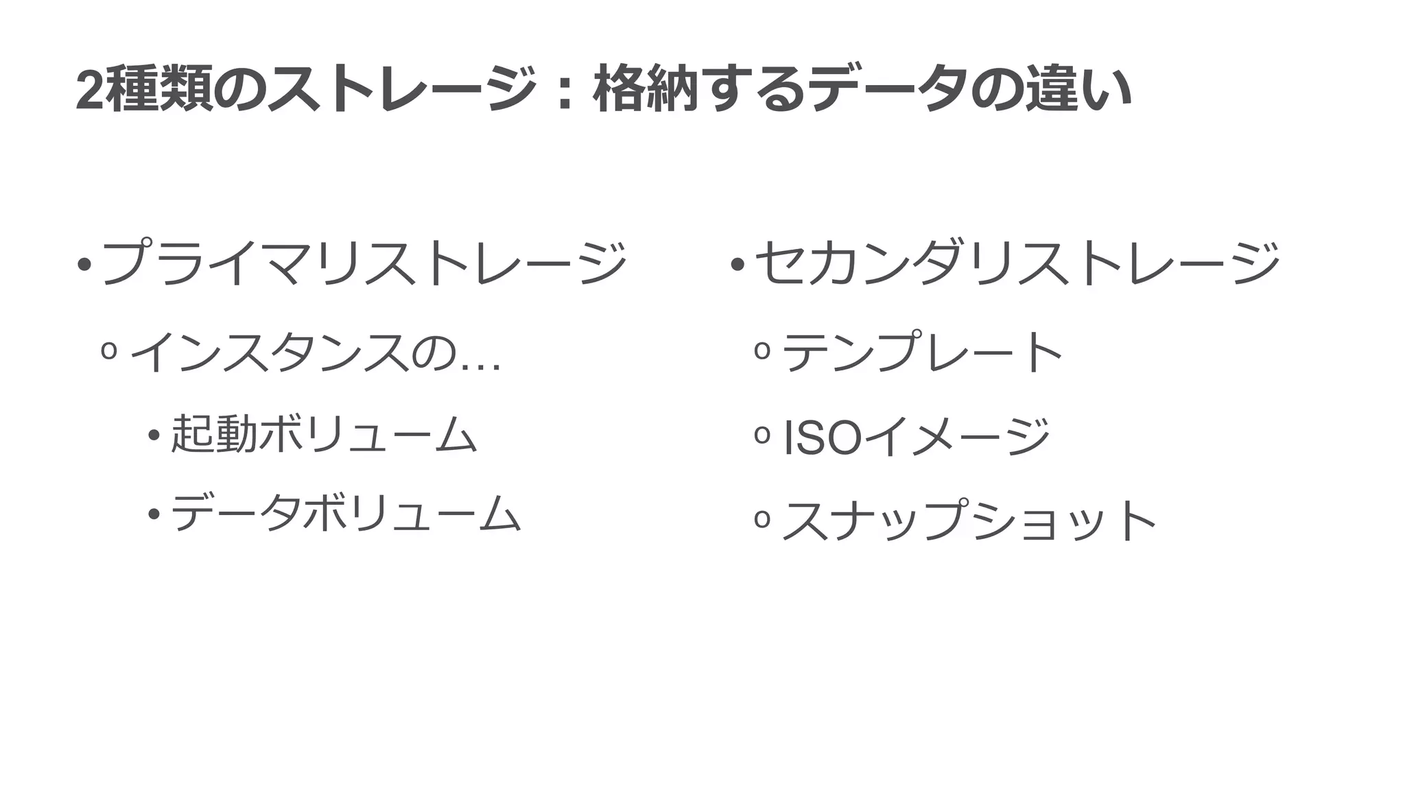 2種類のストレージ：格納するデータの違い


• プライマリストレージ   • セカンダリストレージ
ᵒ インスタンスの…     ᵒ テンプレート
 • 起動ボリューム     ᵒ ISOイメージ
 • データボリューム    ᵒ スナップショット
 