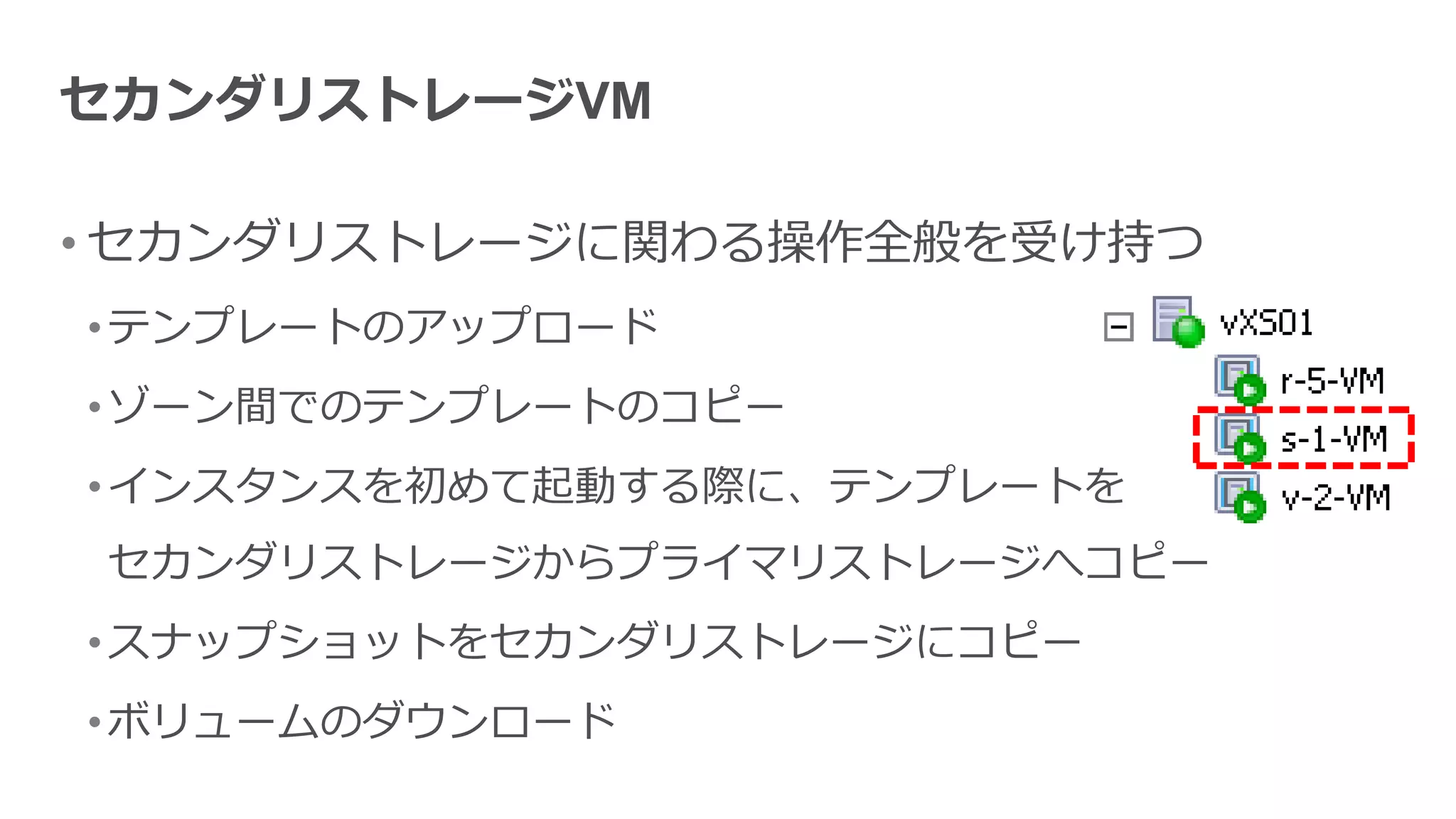 セカンダリストレージVM

• セカンダリストレージに関わる操作全般を受け持つ
• テンプレートのアップロード
• ゾーン間でのテンプレートのコピー
• インスタンスを初めて起動する際に、テンプレートを
 セカンダリストレージからプライマリストレージへコピー
• スナップショットをセカンダリストレージにコピー
• ボリュームのダウンロード
 