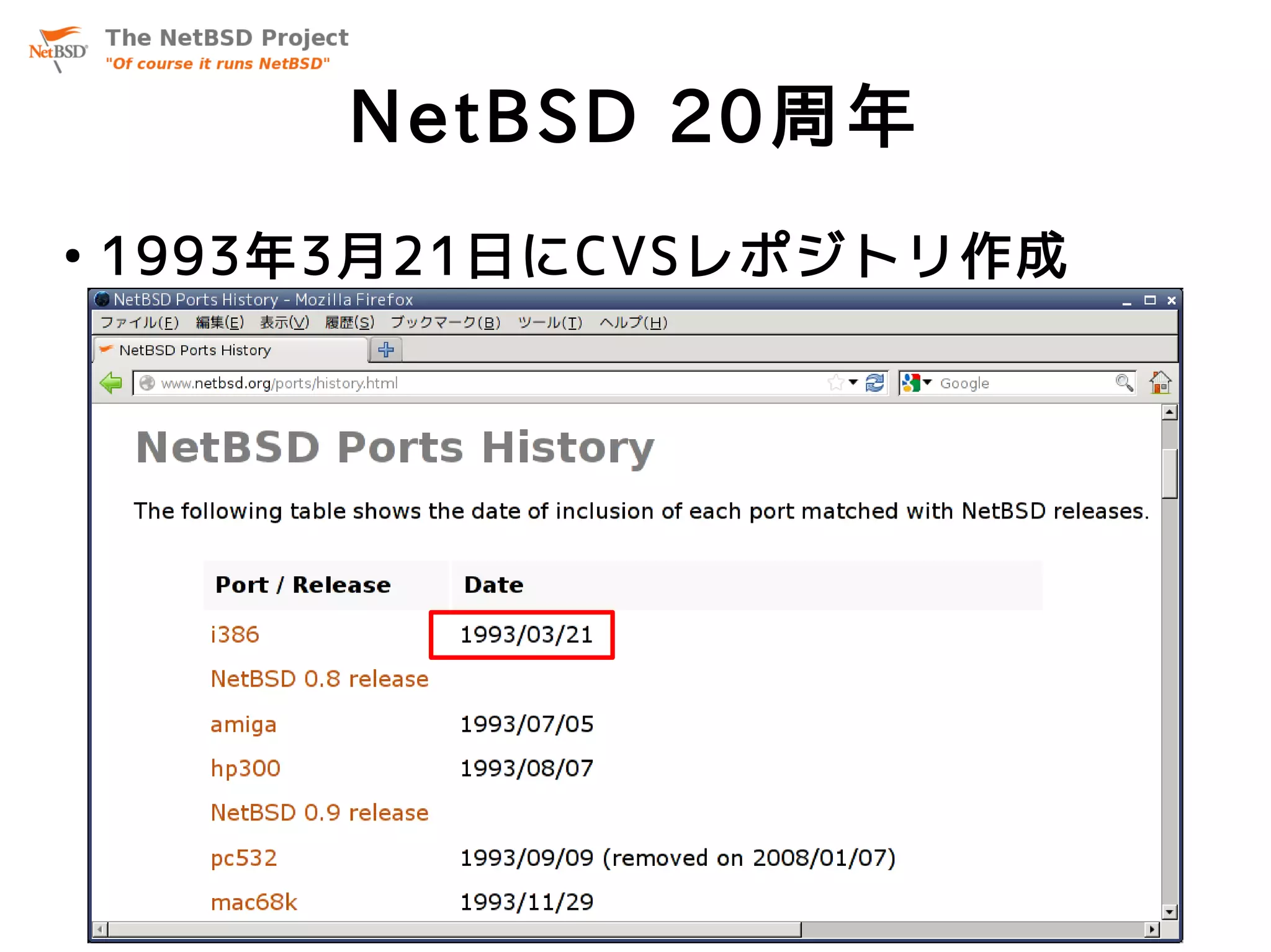 NetBSD 20周年
●
    1993年3月21日にCVSレポジトリ作成
 