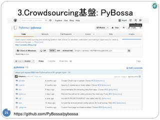 3.Crowdsourcing基盤: PyBossa




21
     https://github.com/PyBossa/pybossa
 