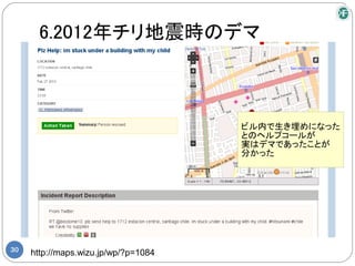 6.2012年チリ地震時のデマ



                                      ビル内で生き埋めになった
                                      とのヘルプコールが
                                      実はデマであったことが
                                      分かった




30
     http://maps.wizu.jp/wp/?p=1084
 