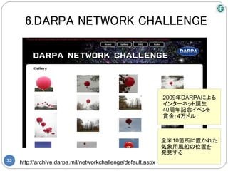6.DARPA NETWORK CHALLENGE




                                                              2009年DARPAによる
                                                              インターネット誕生
                                                              40周年記念イベント
                                                              賞金：4万ドル



                                                              全米10箇所に置かれた
                                                              気象用風船の位置を
                                                              発見する
32
     http://archive.darpa.mil/networkchallenge/default.aspx
 