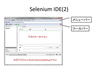 Selenium IDE(2)
ツールバー
テストケースペイン
ログ/リファレンス/UI-Element/Rollupペイン
メニューバー
 