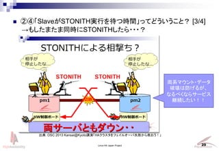 Linux-HA Japan Project 20
? ڢܡSlaveSTONITHgФĕrgäƤɤȣ [3/4]
⤷ޤͬrSTONITH???
䣺OSC 2013 Kansai@KyotovݡHA饹ե륪`ʧȤ
֤
ֹͣ...
֤
ֹͣ...
Iϵޥ?ǩ`
ƉϷ뤬
ʤ٤ʤ饵`ӥ
@A
 