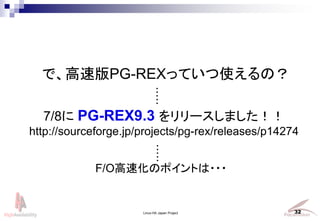 Linux-HA Japan Project 32
ǡٰPG-REXäƤʹΣ
7/8 PG-REX9.3 `ޤ
http://sourceforge.jp/projects/pg-rex/releases/p14274
?????
F/OٻΥݥȤ???
?????
 