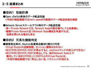 © Hitachi Solutions, Ltd. 2014. All rights reserved. 20
３-５ 結果まとめ
●Open vSwitch単体のデータ転送性能
・(今回の検証範囲では)wire speedの9割弱のデータ転送性能を確認
●Network Serverスケールアウト時のデータ転送性能
・単一Private Networkでは、Network Nodeの数を増やしても効果無し
・複数Private Network且つNetwork Node構成を考慮すれば、
効果を得られる場合も有る
■目的１ 性能計測
■目的２ 冗長化機能判定
●障害発生時の、Neutron各要素自動切り替わり可否
・Virtual Routerの自動移動、セッション遷移はされない
・NEUTRON_SERVER_HOSTが停止すると、neutronコマンドの投入ができない
・NEUTRON_SERVER_HOSTが停止しても、他のNetwork Node上で
動作しているNEUTRON_L3_HOSTS上のVirtual Routerは、
(今回の検証範囲では) 停止しない為、トラフィックが流れる
 