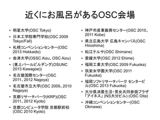 近くにお風呂があるOSC会場
●

●

●

●

●

●

●

●

●

明星大学(OSC Tokyo)
日本工学院専門学校(OSC 2009
Tokyo/Fall)
札幌コンベンションセンター(OSC
2013 Hokkaido)
会津大学(OSSC Aizu、OSC Aizu)
(東上パールビルヂング(OSUNC
2013 Kawagoe))

●

●

県立広島大学 広島キャンパス(OSC
Hiroshima)

●

松江テルサ(OSC Shimane)

●

愛媛大学(OSC 2012 Ehime)

●

福岡工業大学(OSC 2009 Fukuoka)

●

名古屋国際センター(OSC
2011、2012 Nagoya)

●

名古屋市立大学(OSC 2009、2010
Nagoya)

●

京都リサーチパーク(KRP)(OSC
2011、2012 Kyoto)

●

京都コンピュータ学院 京都駅前校
(OSC 2010 Kyoto)

神戸市産業振興センター(OSC 2010、
2011 Kobe)

筑紫女学園大学(OSC 2011
Fukuoka)
福岡ソフトリサーチパーク センタービ
ル(OSC 2013 Fukuoka)
大分県消費生活・男女共同参画プラザ
「アイネス」 (NS大分ビル) (OSC Oita)
沖縄コンベンションセンター(OSC
Okinawa)

 