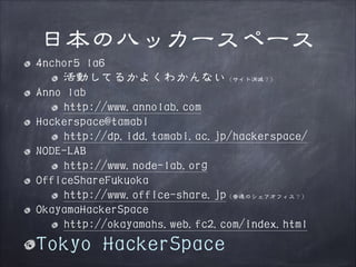 日本のハッカースペース
4nchor5 la6
活動してるかよくわかんない（サイト消滅？）
Anno lab
http://www.annolab.com
Hackerspace@tamabi
http://dp.idd.tamabi.ac.jp/hackerspace/
NODE-LAB
http://www.node-lab.org
OfficeShareFukuoka
http://www.office-share.jp（普通のシェアオフィス？）
OkayamaHackerSpace
http://okayamahs.web.fc2.com/index.html

Tokyo HackerSpace

 
