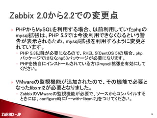 

PHPからMySQLを利用する場合、以前利用していたphpの
mysql拡張は、PHP 5.5では今後利用できなくなるという警
告が表示されるため、mysqli拡張を利用するように変更さ
れています。
◦ PHP 5.3以降が必要になるので、RHEL 5(CentOS 5)の場合、php
パッケージではなくphp53パッケージが必要になります。
◦ PHPを独自にインストールされている方はmysqli拡張を有効にして
ください。



VMwareの監視機能が追加されたので、その機能で必要と
なったlibxml2が必要となりました。
◦ ZabbixのVMwareの監視機能が必要で、ソースからコンパイルする
ときには、configure時に「--with-libxml2」をつけてください。

ZABBIX-JP

18

 