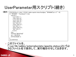 # curl -s http://127.0.0.1/zabbix-apache-status?auto
Total Accesses: 18743
Total kBytes: 9435
CPULoad: 4.46085
Uptime: 99377
ReqPerSec: .188605
BytesPerSec: 97.2201
BytesPerReq: 515.469
BusyWorkers: 1
IdleWorkers: 10
Scoreboard:
__W________.............................................................................................................................................
........................................................................................................
#

ZABBIX-JP

75

 