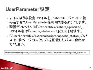 

httpdの各種拡張用設定ファイルの配置場所である、
/etc/httpd/conf.dディレクトリ以下に、
zabbix_apache_status.confというようなファイル名で以
下の内容のファイルを配置して、httpdを再起動します。
ExtendedStatus On
<Location /zabbix-apache-status>
SetHandler server-status
Order Deny,Allow
Deny from all
Allow from 127.0.0.1
</Location>

ZABBIX-JP

76

 