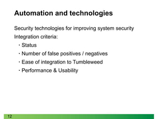 12
Automation and technologies
Security technologies for improving system security
Integration criteria:
• Status
• Number of false positives / negatives
• Ease of integration to Tumbleweed
• Performance & Usability
 