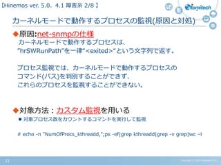 Copyright (c) 2015 Atomitech Inc.21
カーネルモードで動作するプロセスの監視(原因と対処)
原因:net-snmpの仕様
カーネルモードで動作するプロセスは、
”hrSWRunPath”を一律“<exited>“という文字列で返す。
プロセス監視では、カーネルモードで動作するプロセスの
コマンド(パス)を判別することができず、
これらのプロセスを監視することができない。
対象方法：カスタム監視を用いる
 対象プロセス数をカウントするコマンドを実行して監視
# echo -n "NumOfProcs_kthreadd,";ps -ef|grep kthreadd|grep -v grep|wc –l
【Hinemos ver.5.0、4.1 障害系 02/08 】
 