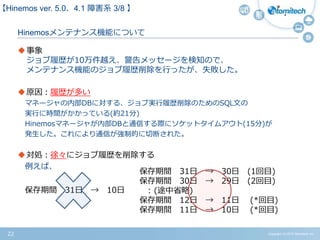 Copyright (c) 2015 Atomitech Inc.22
Hinemosメンテナンス機能について
事象
ジョブ履歴が10万件越え、警告メッセージを検知ので、
メンテナンス機能のジョブ履歴削除を行ったが、失敗した。
原因：履歴が多い
マネージャの内部DBに対する、ジョブ実行履歴削除のためのSQL文の
実行に時間がかかっている(約21分)
Hinemosマネージャが内部DBと通信する際にソケットタイムアウト(15分)が
発生した。これにより通信が強制的に切断された。
対処：徐々にジョブ履歴を削除する
例えば、
保存期間 31日 → 30日 (1回目)
保存期間 30日 → 29日 (2回目)
: (途中省略)
保存期間 12日 → 11日 (*回目)
保存期間 11日 → 10日 (*回目)
保存期間 31日 → 10日
【Hinemos ver.5.0、4.1 障害系 03/08 】
 