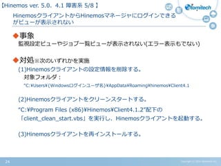 Copyright (c) 2015 Atomitech Inc.24
HinemosクライアントからHinemosマネージャにログインできる
がビューが表示されない
事象
監視設定ビューやジョブ一覧ビューが表示されない(エラー表示もでない)
対処※次のいずれかを実施
(1)Hinemosクライアントの設定情報を削除する。
対象フォルダ：
“C:Users{Windowsログインユーザ名}AppDataRoaminghinemosClient4.1
(2)Hinemosクライアントをクリーンスタートする。
“C:Program Files (x86)HinemosClient4.1.2”配下の
「client_clean_start.vbs」を実行し、Hinemosクライアントを起動する。
(3)Hinemosクライアントを再インストールする。
【Hinemos ver.5.0、4.1 障害系 05/08 】
 