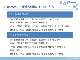 Copyright (c) 2015 Atomitech Inc.47
Hinemosでの機能差異の対応方法②
イベント送信ジョブ
• ジョブ通知を利用して、任意のジョブが完了したタイミングで
他のジョブを実行することで対応（※推奨せず）
• イベント受信ジョブに対してイベントを送信するスクリプトを作成し対応
• 弊社では、イベント通知を利用したイベント送信スクリプトで対応
イベント受信ジョブ
• ジョブ通知を利用して、任意のジョブが完了したタイミングで
他のジョブを実行することで対応（※推奨せず）
• イベント送信ジョブからイベント受信するまで待機するスクリプトを
作成し対応
• 弊社では、イベント通知を利用したイベント受信スクリプトで対応
 