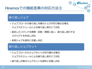 Copyright (c) 2015 Atomitech Inc.48
Hinemosでの機能差異の対応方法③
繰り返しジョブ
• ジョブフローから繰り返し対象のジョブが切り離せる場合、
ジョブスケジュールによる繰り返し実行にて対応
• 指定したコマンドを期間・回数・間隔に従い、繰り返し実行する
スクリプトを作成し対応
• 参照ジョブを直列に定義し対応
繰り返しジョブネット
• ジョブフローからジョブネットが切り離せる場合、
ジョブスケジュールによる繰り返し実行にて対応
• 繰り返し対象のジョブネットを直列に定義し対応
 