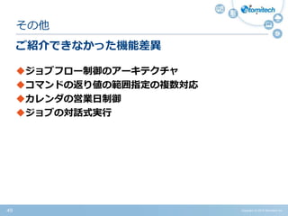 Copyright (c) 2015 Atomitech Inc.49
ご紹介できなかった機能差異
ジョブフロー制御のアーキテクチャ
コマンドの返り値の範囲指定の複数対応
カレンダの営業日制御
ジョブの対話式実行
その他
 