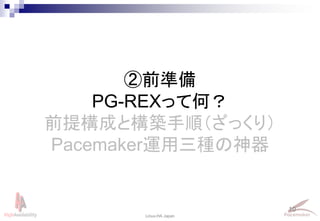 10
Linux-HA Japan
②前準備
PG-REXって何？
前提構成と構築手順（ざっくり）
Pacemaker運用三種の神器
 