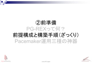 13
Linux-HA Japan
②前準備
PG-REXって何？
前提構成と構築手順（ざっくり）
Pacemaker運用三種の神器
 
