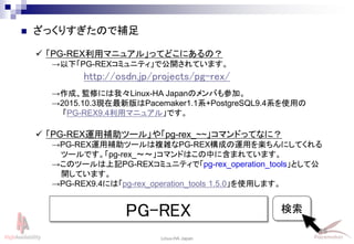 16
Linux-HA Japan
 ざっくりすぎたので補足
 「PG-REX利用マニュアル」ってどこにあるの？
→以下「PG-REXコミュニティ」で公開されています。
→作成、監修には我々Linux-HA Japanのメンバも参加。
→2015.10.3現在最新版はPacemaker1.1系+PostgreSQL9.4系を使用の
「PG-REX9.4利用マニュアル」です。
PG-REX 検索
http://osdn.jp/projects/pg-rex/
 「PG-REX運用補助ツール」や「pg-rex_~~」コマンドってなに？
→PG-REX運用補助ツールは複雑なPG-REX構成の運用を楽ちんにしてくれる
ツールです。「pg-rex_～～」コマンドはこの中に含まれています。
→このツールは上記PG-REXコミュニティで「pg-rex_operation_tools」として公
開しています。
→PG-REX9.4には「pg-rex_operation_tools 1.5.0」を使用します。
 