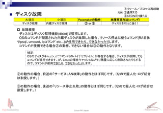 70
Linux-HA Japan
 ディスク故障
大項目 小項目 Pacemakerの動作 故障再現方法(コマンド)
ディスク故障 内蔵ディスク故障 ② or ③ ディスクを引っこ抜く！
①リソース／プロセス再起動
②通常F.O
③STONITH後F.O
凡例
 故障概要
ディスクはディスク監視機能(diskd)で監視します。
OSのコマンドが配置された内蔵ディスクが故障した場合、リソース停止に使うコマンド(RA自体
やpsql、umount、ipコマンド etc...)が使用できたり、できなかったりします。
コマンドが使用できる場合②の動作、できない場合は③の動作となります。
②の動作の場合、前述の「サービスLAN故障」の動作とほぼ同じです。（なので擬人化・ログ紹介
は割愛します。）
③の動作の場合、後述の「リソース停止失敗」の動作とほぼ同じです。（なので擬人化・ログ紹介は
割愛します。）
補足：
OSのディスクキャッシュにコマンド（のバイナリファイル）が存在する場合、ディスクが故障しても
コマンドが実行できます。が、Linuxの場合キャッシュはメモリ残量に応じて削除されたりもする
ので、コマンドが使用できたり、できなかったりします。
 