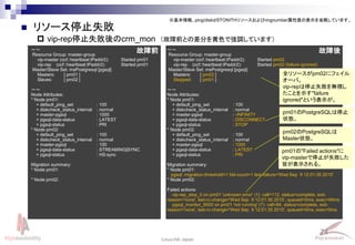 74
Linux-HA Japan
～～
Resource Group: master-group
vip-master (ocf::heartbeat:IPaddr2): Started pm02
vip-rep (ocf::heartbeat:IPaddr2): Started pm02 (failure ignored)
Master/Slave Set: msPostgresql [pgsql]
Masters: [ pm02 ]
Stopped: [ pm01 ]
～～
Node Attributes:
* Node pm01:
+ default_ping_set : 100
+ diskcheck_status_internal : normal
+ master-pgsql : -INFINITY
+ pgsql-data-status : DISCONNECT
+ pgsql-status : STOP
* Node pm02:
+ default_ping_set : 100
+ diskcheck_status_internal : normal
+ master-pgsql : 1000
+ pgsql-data-status : LATEST
+ pgsql-status : PRI
Migration summary:
* Node pm01:
pgsql: migration-threshold=1 fail-count=1 last-failure='Wed Sep 9 12:01:35 2015'
* Node pm02:
Failed actions:
vip-rep_stop_0 on pm01 'unknown error' (1): call=112, status=complete, exit-
reason='none', last-rc-change='Wed Sep 9 12:01:36 2015', queued=0ms, exec=48ms
pgsql_monitor_9000 on pm01 'not running' (7): call=84, status=complete, exit-
reason='none', last-rc-change='Wed Sep 9 12:01:35 2015', queued=0ms, exec=0ms
 リソース停止失敗
 vip-rep停止失敗後のcrm_mon
～～
Resource Group: master-group
vip-master (ocf::heartbeat:IPaddr2): Started pm01
vip-rep (ocf::heartbeat:IPaddr2): Started pm01
Master/Slave Set: msPostgresql [pgsql]
Masters: [ pm01 ]
Slaves: [ pm02 ]
～～
Node Attributes:
* Node pm01:
+ default_ping_set : 100
+ diskcheck_status_internal : normal
+ master-pgsql : 1000
+ pgsql-data-status : LATEST
+ pgsql-status : PRI
* Node pm02:
+ default_ping_set : 100
+ diskcheck_status_internal : normal
+ master-pgsql : 100
+ pgsql-data-status : STREAMING|SYNC
+ pgsql-status : HS:sync
Migration summary:
* Node pm01:
* Node pm02:
故障前 故障後
全リソースがpm02にフェイル
オーバ。
vip-repは停止失敗を無視し
たことを示す"failure
ignored"という表示が。
pm01のPostgreSQLは停止
状態。
pm02のPostgreSQLは
Master状態。
pm01の"Failed actions"に
vip-masterで停止が失敗した
旨が表示される。
※基本情報、ping/diskd/STONITHリソースおよびringnumber属性値の表示を省略しています。
（故障前との差分を黄色で強調しています）
 