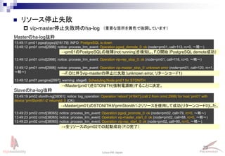79
Linux-HA Japan
13:49:11 pm01 pgsql(pgsql)[16179]: INFO: PostgreSQL is down
13:49:12 pm01 crmd[2998]: notice: process_lrm_event: Operation pgsql_demote_0: ok (node=pm01, call=113, rc=0, ～略～)
13:49:12 pm01 crmd[2998]: notice: process_lrm_event: Operation vip-rep_stop_0: ok (node=pm01, call=116, rc=0, ～略～)
13:49:12 pm01 crmd[2998]: notice: process_lrm_event: Operation vip-master_stop_0: unknown error (node=pm01, call=120, rc=1,
～略～)
13:49:12 pm01 pengine[2997]: warning: stage6: Scheduling Node pm01 for STONITH
 リソース停止失敗
 vip-master停止失敗時のha-log
Masterのha-log抜粋
13:49:19 pm02 stonith-ng[38061]: notice: log_operation: Operation 'reboot' [41647] (call 2 from crmd.2998) for host 'pm01' with
device 'prmStonith1-2' returned: 0 (OK)
13:49:23 pm02 crmd[38065]: notice: process_lrm_event: Operation pgsql_promote_0: ok (node=pm02, call=79, rc=0, ～略～)
13:49:23 pm02 crmd[38065]: notice: process_lrm_event: Operation vip-master_start_0: ok (node=pm02, call=88, rc=0, ～略～)
13:49:23 pm02 crmd[38065]: notice: process_lrm_event: Operation vip-rep_start_0: ok (node=pm02, call=90, rc=0, ～略～)
→pm01のPostgreSQLの故障(not running)を検知し、F.O開始（PostgreSQL demote成功）
→F.Oに伴うvip-masterの停止に失敗（unknown error, リターンコード1)
→Master(pm01)をSTONITH(強制電源断)することに決定。
Slaveのha-log抜粋
→全リソースのpm02での起動成功（F.O完了）
→Master(pm01)のSTONITHがprmStonith1-2リソースを使用して成功(リターンコード0)した。
（重要な箇所を黄色で強調しています）
 