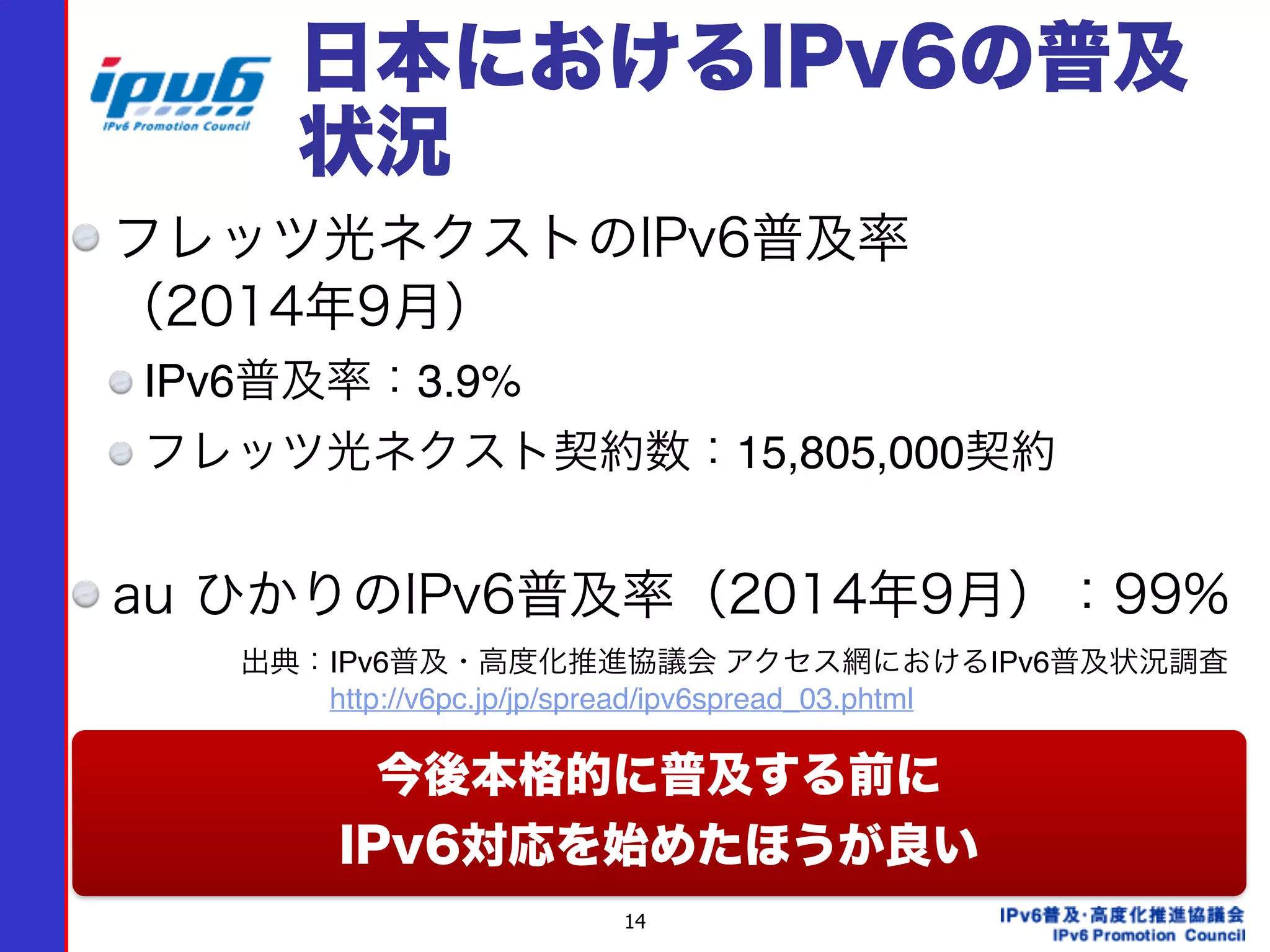 14
日本におけるIPv6の普及
状況
フレッツ光ネクストのIPv6普及率 
（2014年9月）
IPv6普及率：3.9%
フレッツ光ネクスト契約数：15,805,000契約
au ひかりのIPv6普及率（2014年9月）：99%
今後本格的に普及する前に 
IPv6対応を始めたほうが良い
出典：IPv6普及・高度化推進協議会 アクセス網におけるIPv6普及状況調査
   http://v6pc.jp/jp/spread/ipv6spread_03.phtml
 