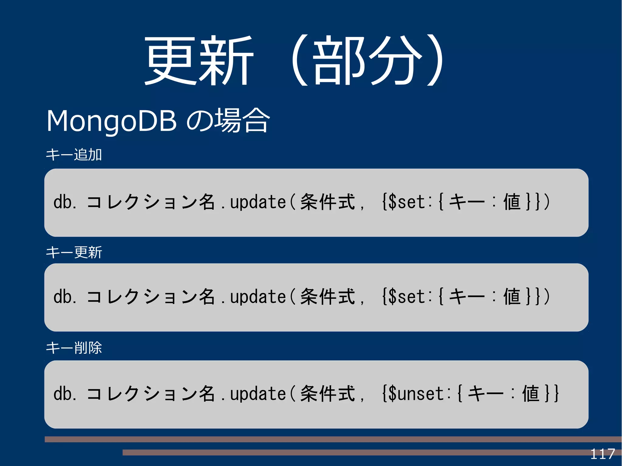 117
更新（部分）
MongoDB の場合
db. コレクション名 .update( 条件式 , {$set:{ キー : 値 }})
db. コレクション名 .update( 条件式 , {$set:{ キー : 値 }})
db. コレクション名 .update( 条件式 , {$unset:{ キー : 値 }}
キー追加
キー更新
キー削除
 