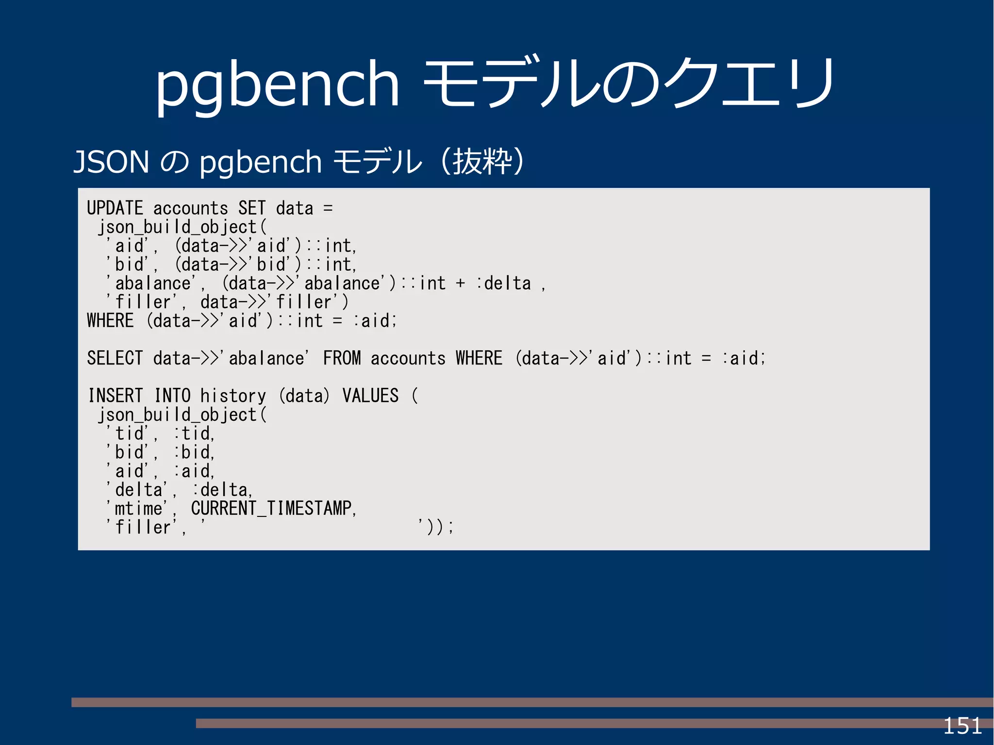 151
pgbench モデルのクエリ
UPDATE accounts SET data =
json_build_object(
'aid', (data->>'aid')::int,
'bid', (data->>'bid')::int,
'abalance', (data->>'abalance')::int + :delta ,
'filler', data->>'filler')
WHERE (data->>'aid')::int = :aid;
SELECT data->>'abalance' FROM accounts WHERE (data->>'aid')::int = :aid;
INSERT INTO history (data) VALUES (
json_build_object(
'tid', :tid,
'bid', :bid,
'aid', :aid,
'delta', :delta,
'mtime', CURRENT_TIMESTAMP,
'filler', ' '));
JSON の pgbench モデル（抜粋）
 