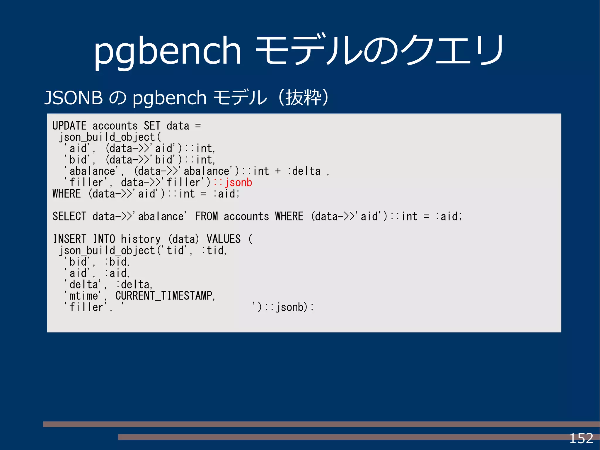 152
pgbench モデルのクエリ
UPDATE accounts SET data =
json_build_object(
'aid', (data->>'aid')::int,
'bid', (data->>'bid')::int,
'abalance', (data->>'abalance')::int + :delta ,
'filler', data->>'filler')::jsonb
WHERE (data->>'aid')::int = :aid;
SELECT data->>'abalance' FROM accounts WHERE (data->>'aid')::int = :aid;
INSERT INTO history (data) VALUES (
json_build_object('tid', :tid,
'bid', :bid,
'aid', :aid,
'delta', :delta,
'mtime', CURRENT_TIMESTAMP,
'filler', ' ')::jsonb);
JSONB の pgbench モデル（抜粋）
 