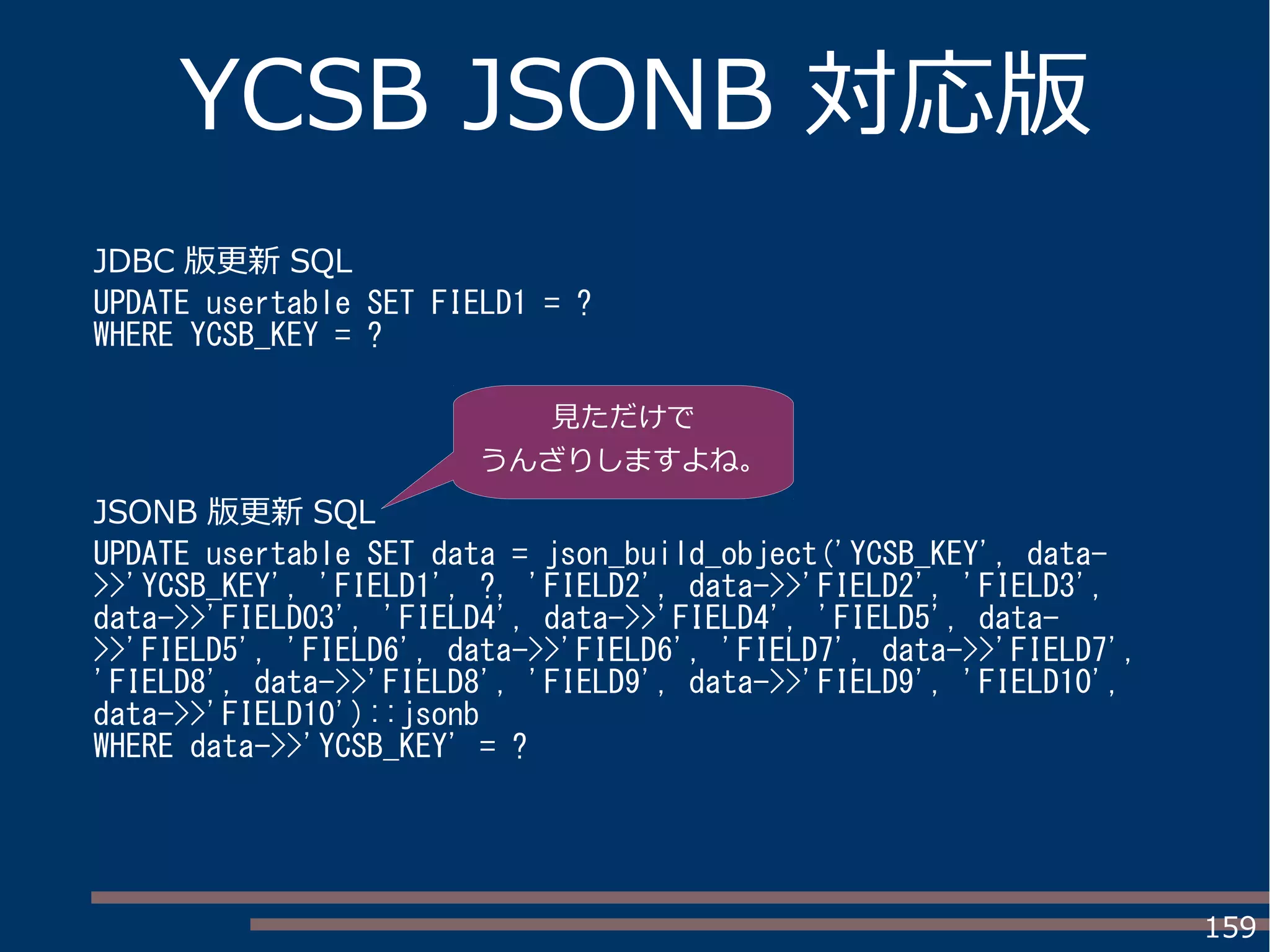 159
YCSB JSONB 対応版
JDBC 版更新 SQL
UPDATE usertable SET FIELD1 = ?
WHERE YCSB_KEY = ?
JSONB 版更新 SQL
UPDATE usertable SET data = json_build_object('YCSB_KEY', data-
>>'YCSB_KEY', 'FIELD1', ?, 'FIELD2', data->>'FIELD2', 'FIELD3',
data->>'FIELD03', 'FIELD4', data->>'FIELD4', 'FIELD5', data-
>>'FIELD5', 'FIELD6', data->>'FIELD6', 'FIELD7', data->>'FIELD7',
'FIELD8', data->>'FIELD8', 'FIELD9', data->>'FIELD9', 'FIELD10',
data->>'FIELD10')::jsonb
WHERE data->>'YCSB_KEY' = ?
見ただけで
うんざりしますよね。
 