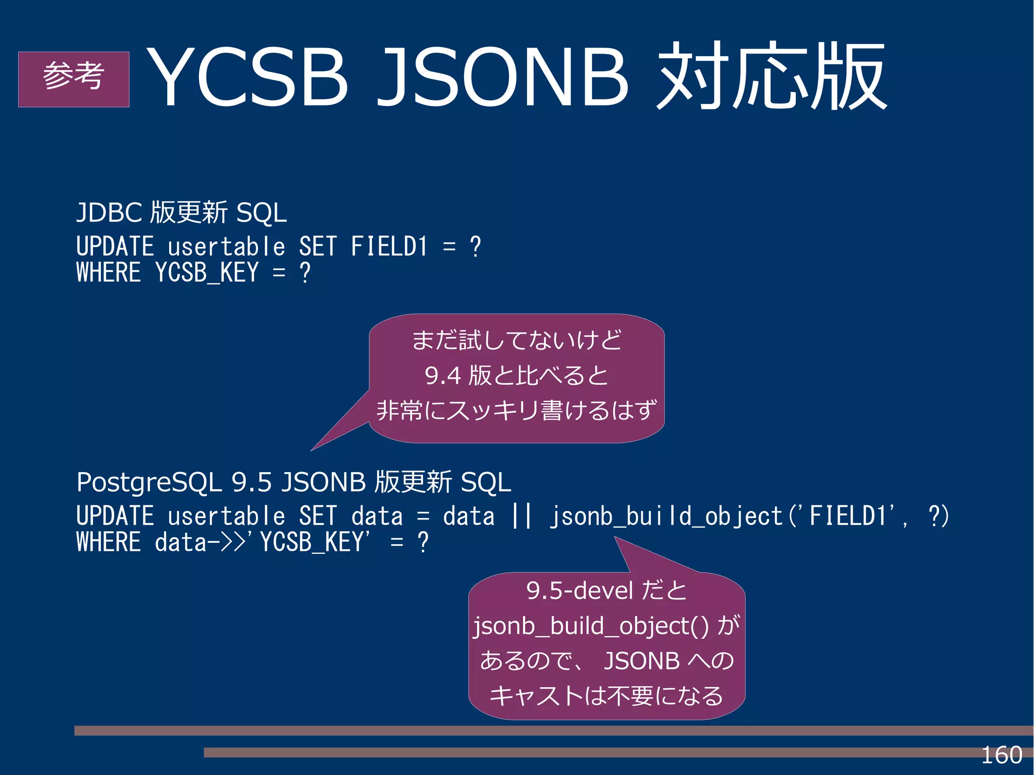 160
YCSB JSONB 対応版
JDBC 版更新 SQL
UPDATE usertable SET FIELD1 = ?
WHERE YCSB_KEY = ?
PostgreSQL 9.5 JSONB 版更新 SQL
UPDATE usertable SET data = data || jsonb_build_object('FIELD1', ?)
WHERE data->>'YCSB_KEY' = ?
まだ試してないけど
9.4 版と比べると
非常にスッキリ書けるはず
参考
9.5-devel だと
jsonb_build_object() が
あるので、 JSONB への
キャストは不要になる
 