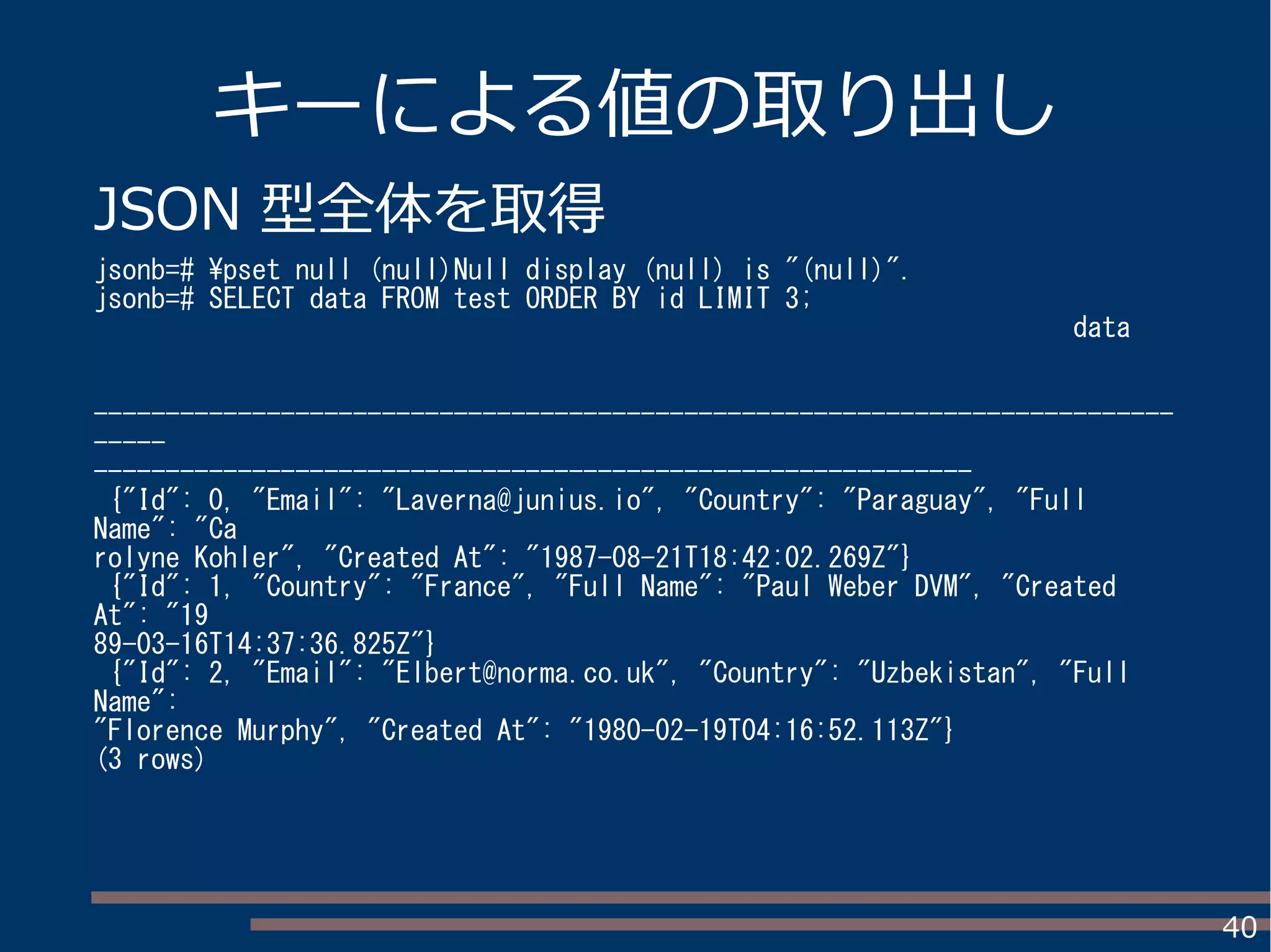 40
キーによる値の取り出し
JSON 型全体を取得
jsonb=# pset null (null)Null display (null) is "(null)".
jsonb=# SELECT data FROM test ORDER BY id LIMIT 3;
data
---------------------------------------------------------------------------
-----
-------------------------------------------------------------
{"Id": 0, "Email": "Laverna@junius.io", "Country": "Paraguay", "Full
Name": "Ca
rolyne Kohler", "Created At": "1987-08-21T18:42:02.269Z"}
{"Id": 1, "Country": "France", "Full Name": "Paul Weber DVM", "Created
At": "19
89-03-16T14:37:36.825Z"}
{"Id": 2, "Email": "Elbert@norma.co.uk", "Country": "Uzbekistan", "Full
Name":
"Florence Murphy", "Created At": "1980-02-19T04:16:52.113Z"}
(3 rows)
 