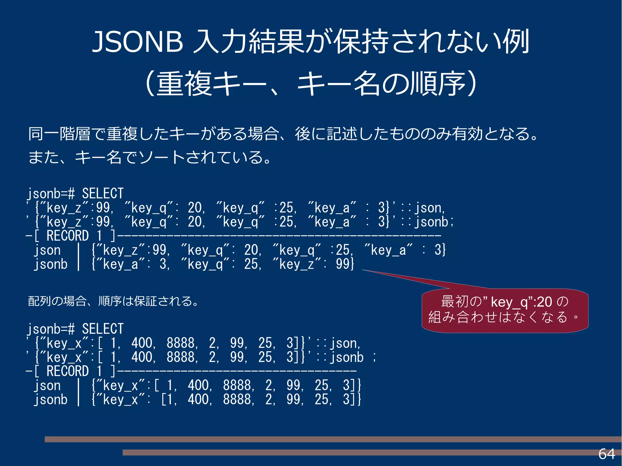 64
JSONB 入力結果が保持されない例
（重複キー、キー名の順序）
jsonb=# SELECT
'{"key_z":99, "key_q": 20, "key_q" :25, "key_a" : 3}'::json,
'{"key_z":99, "key_q": 20, "key_q" :25, "key_a" : 3}'::jsonb;
-[ RECORD 1 ]----------------------------------------------
json | {"key_z":99, "key_q": 20, "key_q" :25, "key_a" : 3}
jsonb | {"key_a": 3, "key_q": 25, "key_z": 99}
jsonb=# SELECT
'{"key_x":[ 1, 400, 8888, 2, 99, 25, 3]}'::json,
'{"key_x":[ 1, 400, 8888, 2, 99, 25, 3]}'::jsonb ;
-[ RECORD 1 ]----------------------------------
json | {"key_x":[ 1, 400, 8888, 2, 99, 25, 3]}
jsonb | {"key_x": [1, 400, 8888, 2, 99, 25, 3]}
同一階層で重複したキーがある場合、後に記述したもののみ有効となる。
また、キー名でソートされている。
配列の場合、順序は保証される。 ”最初の key_q”:20 の
組み合わせはなくなる。
 