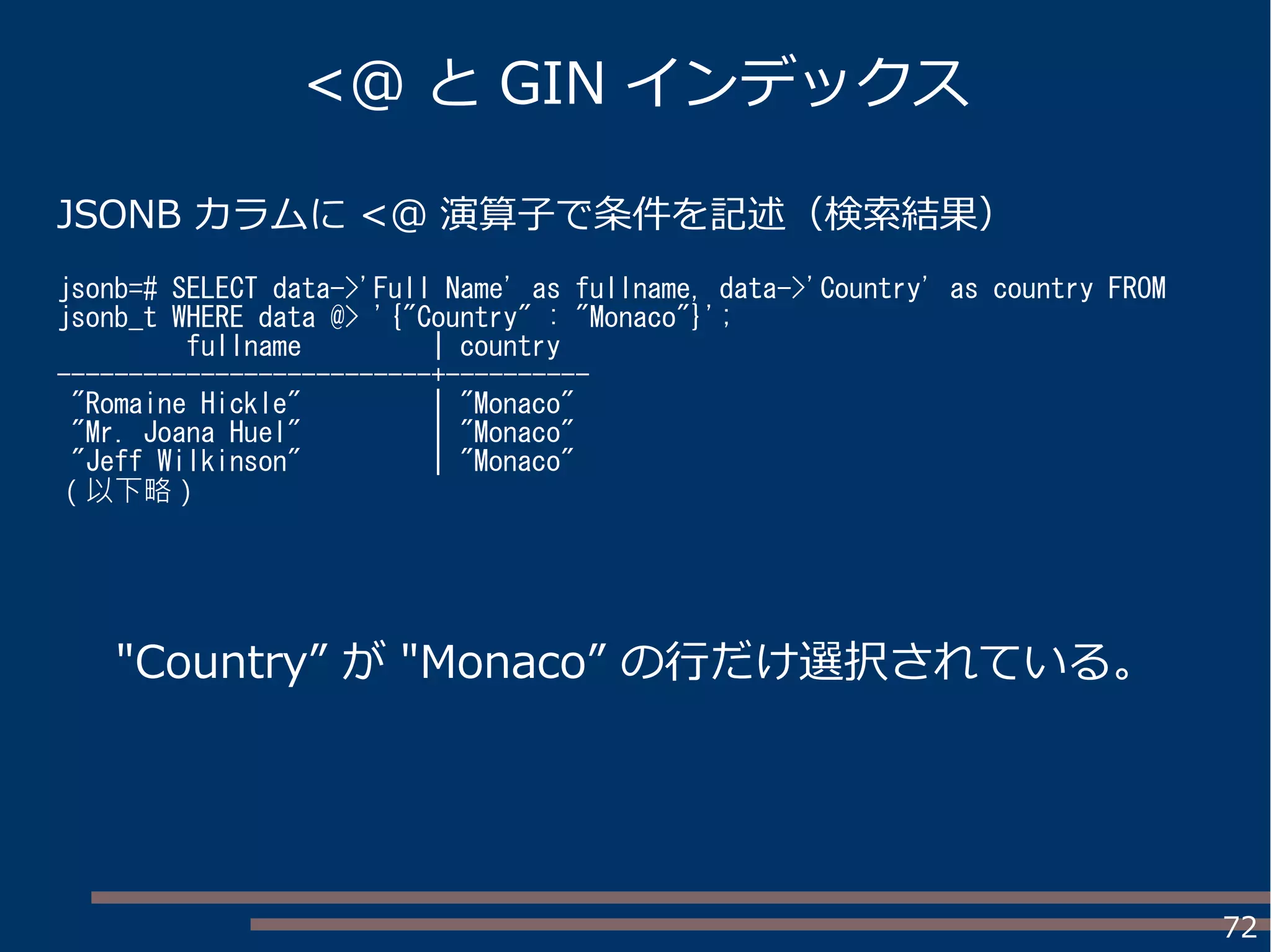 72
JSONB カラムに <@ 演算子で条件を記述（検索結果）
jsonb=# SELECT data->'Full Name' as fullname, data->'Country' as country FROM
jsonb_t WHERE data @> '{"Country" : "Monaco"}';
fullname | country
--------------------------+----------
"Romaine Hickle" | "Monaco"
"Mr. Joana Huel" | "Monaco"
"Jeff Wilkinson" | "Monaco"
（以下略）
<@ と GIN インデックス
"Country” が "Monaco” の行だけ選択されている。
 