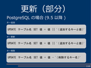 116
更新（部分）
PostgreSQL の場合 (9.5 以降 )
UPDATE テーブル名 SET 値 = 値 || '( 追加するキーと値 )'
UPDATE テーブル名 SET 値 = 値 || '( 追加するキーと値 )'
UPDATE テーブル名 SET 値 = 値 - '( 削除するキー名 )'
キー追加
キー更新
キー削除
 