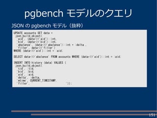 151
pgbench モデルのクエリ
UPDATE accounts SET data =
json_build_object(
'aid', (data->>'aid')::int,
'bid', (data->>'bid')::int,
'abalance', (data->>'abalance')::int + :delta ,
'filler', data->>'filler')
WHERE (data->>'aid')::int = :aid;
SELECT data->>'abalance' FROM accounts WHERE (data->>'aid')::int = :aid;
INSERT INTO history (data) VALUES (
json_build_object(
'tid', :tid,
'bid', :bid,
'aid', :aid,
'delta', :delta,
'mtime', CURRENT_TIMESTAMP,
'filler', ' '));
JSON の pgbench モデル（抜粋）
 