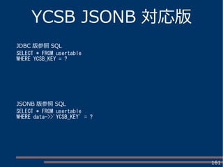 161
YCSB JSONB 対応版
JDBC 版参照 SQL
SELECT * FROM usertable
WHERE YCSB_KEY = ?
JSONB 版参照 SQL
SELECT * FROM usertable
WHERE data->>'YCSB_KEY' = ?
 