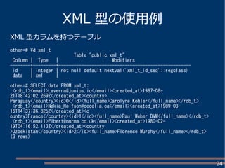 24
XML 型の使用例
XML 型カラムを持つテーブル
other=# d xml_t
Table "public.xml_t"
Column | Type | Modifiers
--------+---------+----------------------------------------------------
id | integer | not null default nextval('xml_t_id_seq'::regclass)
data | xml |
other=# SELECT data FROM xml_t;
<rdb_t><email>Laverna@junius.io</email><created_at>1987-08-
21T18:42:02.269Z</created_at><country>
Paraguay</country><id>0</id><full_name>Carolyne Kohler</full_name></rdb_t>
<rdb_t><email>Nakia_Rolfson@cecelia.ca</email><created_at>1989-03-
16T14:37:36.825Z</created_at><c
ountry>France</country><id>1</id><full_name>Paul Weber DVM</full_name></rdb_t>
<rdb_t><email>Elbert@norma.co.uk</email><created_at>1980-02-
19T04:16:52.113Z</created_at><country
>Uzbekistan</country><id>2</id><full_name>Florence Murphy</full_name></rdb_t>
(3 rows)
 