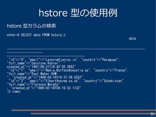 30
hstore 型の使用例
hstore 型カラムの検索
other=# SELECT data FROM hstore_t;
data
------------------------------------------------------------------------------
--------------------
--------------------------------------------
"id"=>"0", "email"=>"Laverna@junius.io", "country"=>"Paraguay",
"full_name"=>"Carolyne Kohler", "
created_at"=>"1987-08-21T18:42:02.269Z"
"id"=>"1", "email"=>"Nakia_Rolfson@cecelia.ca", "country"=>"France",
"full_name"=>"Paul Weber DVM
", "created_at"=>"1989-03-16T14:37:36.825Z"
"id"=>"2", "email"=>"Elbert@norma.co.uk", "country"=>"Uzbekistan",
"full_name"=>"Florence Murphy"
, "created_at"=>"1980-02-19T04:16:52.113Z"
(3 rows)
 
