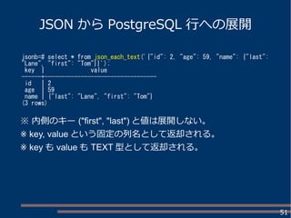 51
JSON から PostgreSQL 行への展開
jsonb=# select * from json_each_text('{"id": 2, "age": 59, "name": {"last":
"Lane", "first": "Tom"}}');
key | value
------+----------------------------------
id | 2
age | 59
name | {"last": "Lane", "first": "Tom"}
(3 rows)
※ 内側のキー ("first", "last") と値は展開しない。
※ key, value という固定の列名として返却される。
※ key も value も TEXT 型として返却される。
 