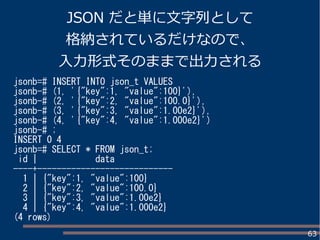 63
JSON だと単に文字列として
格納されているだけなので、
入力形式そのままで出力される
jsonb=# INSERT INTO json_t VALUES
jsonb-# (1, '{"key":1, "value":100}'),
jsonb-# (2, '{"key":2, "value":100.0}'),
jsonb-# (3, '{"key":3, "value":1.00e2}'),
jsonb-# (4, '{"key":4, "value":1.000e2}')
jsonb-# ;
INSERT 0 4
jsonb=# SELECT * FROM json_t;
id | data
----+----------------------------
1 | {"key":1, "value":100}
2 | {"key":2, "value":100.0}
3 | {"key":3, "value":1.00e2}
4 | {"key":4, "value":1.000e2}
(4 rows)
 
