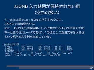 65
JSONB 入力結果が保持されない例
（空白の扱い）
jsonb=# SELECT
'{"key_z" : 99, "key q": 20, "key_a" : "aa aa"}'::json,
'{"key_z" : 99, "key q": 20, "key_a" : "aa aa"}'::jsonb;
-[ RECORD 1 ]--------------------------------------------------
json | {"key_z" : 99, "key q": 20, "key_a" : "aa aa"}
jsonb | {"key q": 20, "key_a": "aa aa", "key_z": 99}
キーまたは値でない JSON 文字列中の空白は、
JSONB では無視される。
また、 JSONB の検索結果として出力される JSON 文字列では
キーと値のセパレータである“ :” の後に 1 つ空白文字を入れる
という規則で文字列を生成している。
 