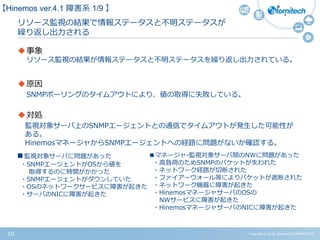 Copyright (c) 2015 Atomitech CORPORATION10
リソース監視の結果で情報ステータスと不明ステータスが
繰り返し出力される
事象
リソース監視の結果が情報ステータスと不明ステータスを繰り返し出力されている。
原因
SNMPポーリングのタイムアウトにより、値の取得に失敗している。
対処
監視対象サーバ上のSNMPエージェントとの通信でタイムアウトが発生した可能性が
ある。
HinemosマネージャからSNMPエージェントへの経路に問題がないか確認する。
■監視対象サーバに問題があった
・SNMPエージェントがOSから値を
取得するのに時間がかかった
・SNMPエージェントがダウンしていた
・OSのネットワークサービスに障害が起きた
・サーバのNICに障害が起きた
■マネージャ‐監視対象サーバ間のNWに問題があった
・高負荷のためSNMPのパケットが失われた
・ネットワーク経路が切断された
・ファイアーウォール等によりパケットが遮断された
・ネットワーク機器に障害が起きた
・HinemosマネージャサーバのOSの
NWサービスに障害が起きた
・HinemosマネージャサーバのNICに障害が起きた
【Hinemos ver.4.1 障害系 1/9 】
 